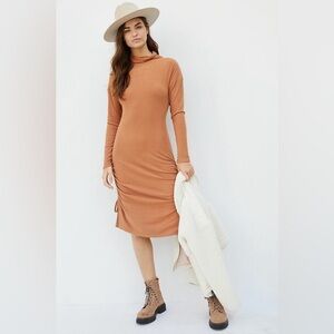 New With Tags XS Petite Anthropologie Emily Ruched Midi Dress in light camel.